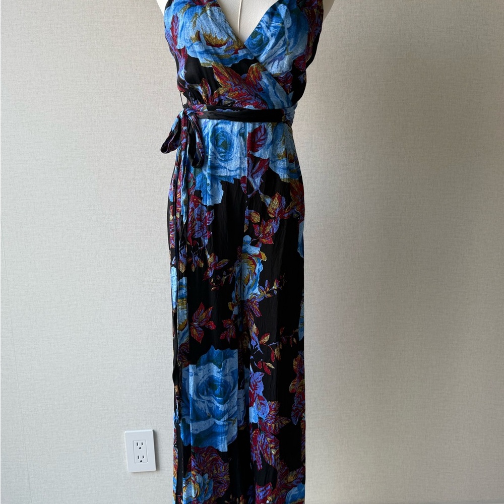 Free People Black Maxi Dress with Blue and Burgundy Floral Print